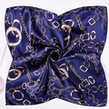 Navy blue silk scarf with gold chain and Paris print, elegant square neck wrap for women - Navy Blue Chain