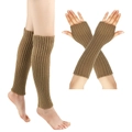 Close-up of brown ribbed knit leg warmers and matching arm sleeves set for winter - Small Size / Khaki