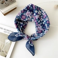 Floral cotton linen scarf in navy blue with pink flower patterns and elegant borders - 55cm / Beauty Pine Plum Navy