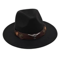 Detail of western fedora hat with brown leather band and silver bull head metal buckle - One Size(Adjustable) / Black