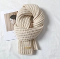 Beige ribbed knit scarf with handmade leather tag, cozy winter accessory for women - Handmade Label Solid Style / Solid Beige