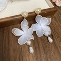 Close-up of elegant white mesh flower drop earrings with dangling pearls - Silver Post Style (109#) / White