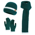 Dark teal winter knit set including hat, scarf, and touchscreen gloves with white trim - Dark Green