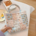 Detailed close-up of quilted floral patchwork cotton handbag with simple wish label - Blue Floral Padded
