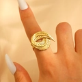 Textured gold leaf feather wrap ring for women in elegant stainless steel finish - Gold (0821)