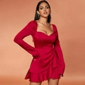 Slim fit red long sleeve dress in smooth satin fabric with elegant ruffle hem details - XS / Burgundy