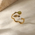 Gold stainless steel leaf ring with green natural stone and small pearl on textured fabric - Gold Branch Green Gem Pearl Style (G11207261G-2) / Gold