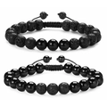 Adjustable 8mm black lava stone and polished bead bracelet set with woven cord - Obsidian Set