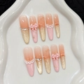 Uñas postizas rosa degradado con lazos 3D y strass en bandeja de cerámica blanca - XS / Forma de Stiletto Delgado / Lazo con Degradado Rosa (859)