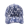 Detail of blue and white paisley embroidered texture on a vintage cotton baseball cap - Blue Paisley