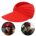 Women's bright red open top sun hat with pleated design and wide brim for sports - Red