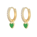 Detail view of S925 silver 18K gold earrings with green enamel heart and white zircon stones - Gold-Green