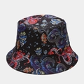 Reversible black bucket hat featuring colorful marine life patterns like octopus and fish - Black Ocean Illustration