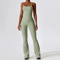 Conjunto de yoga verde pálido con top deportivo halter y mallas acampanadas altas - S / Chaleco + Pantalones de Campana / Verde Frijol