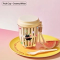 Tazza per frutta bianco crema con decorazione gatto nero e cucchiaio pieghevole - Con Forchetta + Cordino + Adesivi / Bianco Crema
