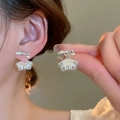 Pendientes de lazo plateado calado con circonitas y perlas para mujer elegante - 39# Poste de pendiente de plata - Plata