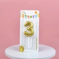 Golden number 3 birthday candle with metallic balloon texture in a blister pack - Number 3 / Gold