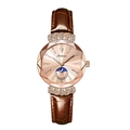 Montre couronne or rose pour femme avec bracelet en cuir brun et cadran phase lunaire - Bracelet en Cuir Café avec Cadran Or Rose