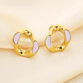 Macro detail of gold-plated earrings with light purple enamel on champagne silk fabric - Irregular Hoop Style (KE114511-K)