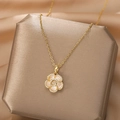 Golden camellia pendant necklace with white enamel petals and shimmering zircons - Gold White Zircon Camellia