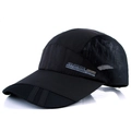 Detail of breathable side mesh and sports text on black quick-dry baseball cap - Adjustable / Black with Metal Tag