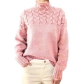 Pink turtleneck cable knit sweater for women with elegant long sleeves and braid details - 3XL / Pink Turtleneck