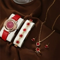 Elegant women's watch set with red leather strap, rhinestone dial and matching heart jewelry - Red Zirconia Set
