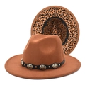 Detail view of brown wool fedora with leopard print lining and metal buckle belt strap - M (56-58cm) / Khaki