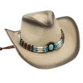 Detail van gevlochten cowboyhoed met turkooizen kralenband en stro-textuur - Beige Zwart (Beige Strip Blauwe Kraal)