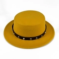 Bright yellow wool felt flat top hat with black rivet leather band for street fashion - M (56-58cm) / Yellow