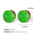 Green round resin stud earrings with golden stainless steel frame in vibrant color - Emerald Green