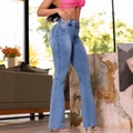 Women's high waist flared jeans in light blue washed denim with a slim fit profile - L / Blue