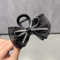 Elegant black mesh and satin bow hair claw clip with sparkling rhinestones for women - Rhinestone Ribbon / Black