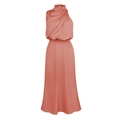 Elegant coral pink satin halter neck maxi dress with a sleeveless evening gown silhouette - S / Coral Pink