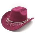 Détail d'un chapeau de cowboy en daim bordeaux avec franges en strass scintillants sur le bord - Bordeaux / M (56-58cm)