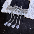 Elegant silver bow earrings with long sparkling tassels and pear-cut crystal drops - E5387 Silver Pin-Silver
