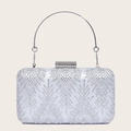 Elegante zilveren avondclutch met verenpatroon van strass steentjes en metalen handvat - Zilver