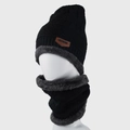 Winter thermal knit beanie and neck warmer set with fleece lining in solid black - One Size / Black