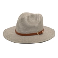 Close-up of gray woven Panama hat with brown leather belt and golden metal buckle detail - Light Gray