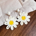 Detailed close-up of handmade woven daisy drop earrings with bohemian tassel accents - Raffia Woven Daisy Style (24# Steel Needle-Beige-Yellow)