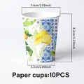 Dettaglio di bicchieri di carta con stampa di limoni e dimensioni per feste estive - Bicchieri di Carta 10PZ