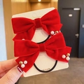 Pair of red velvet bow hair ties with pearl accents and golden beads for girls - Style 1: Pair of Hair Ties