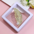 Golden feather brooch with crystals and white pearl in a transparent display case - XZ069 Gold-Golden Feather-Boxed
