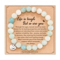 8mm natural stone beaded bracelet with heart charm and inspirational quote gift card - Light Green Heart With Card