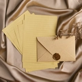 Vintage linen texture envelope and lined paper set with bronze For You wax seal - 3 Yellow Envelopes + 10 Kraft Papers + 3 Seals (Soft Glue) / Yellow