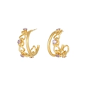 Gold-plated C-shaped hoop earrings with Cuban link design and lavender purple gemstones - C-Shape Cuban Zirconia Hoop (E304048) - Gold Purple
