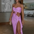 Light purple two-piece set with 3D rose tube top and side slit maxi skirt for women - Purple