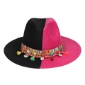 Two-tone wool fedora in black and magenta with bohemian fringe and starfish accents - Black Rose Red With Shells Tassels