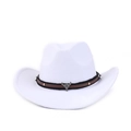 Close-up of white felt cowboy hat with leather band and metal bull skull ornament - M (56-59cm) / White With Bull Skull