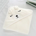 Cream white coral fleece hooded baby towel with a cute 3D bear embroidery design - White Bear